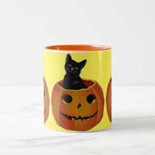 Vintage-Halloween-Kürbis-Katze Zweifarbige Tasse