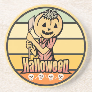 VINTAGE HALLOWEEN-KÜRBIS MIT AXT UND TOTENKOPF GETRÄNKEUNTERSETZER