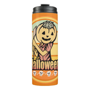 VINTAGE HALLOWEEN-KÜRBIS MIT AXT UND TOTENKOPF THERMOSBECHER
