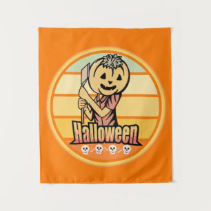 VINTAGE HALLOWEEN-KÜRBIS MIT AXT UND TOTENKOPF WANDTEPPICH