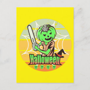 VINTAGE HALLOWEEN-KÜRBIS MIT KETTENSÄGE UND TOTENK POSTKARTE