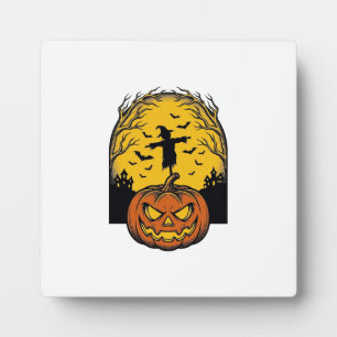 Vintage-Halloween-Kürbis-Mond-Vogelscheuche-Kunst_ Fotoplatte
