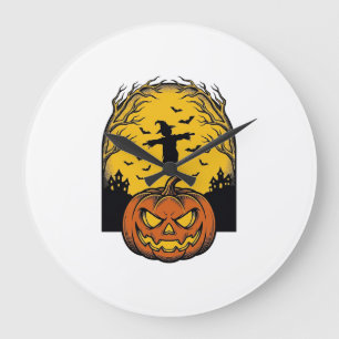 Vintage-Halloween-Kürbis-Mond-Vogelscheuche-Kunst_ Große Wanduhr