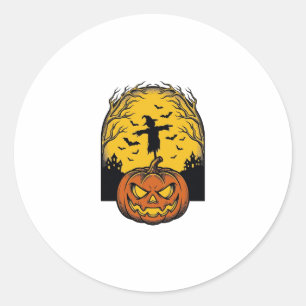 Vintage-Halloween-Kürbis-Mond-Vogelscheuche-Kunst_ Runder Aufkleber