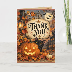 Vintage-Halloween-Kürbis-Schwarze-Katze-Dankeskart Karte