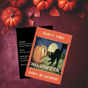 Vintage-Halloween-Kürbis-schwarze Katze Party-Zeit Einladung