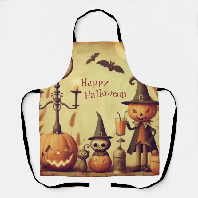Vintage Halloween-Kürbis und -Fledermäuse Schürze (Vorderseite)
