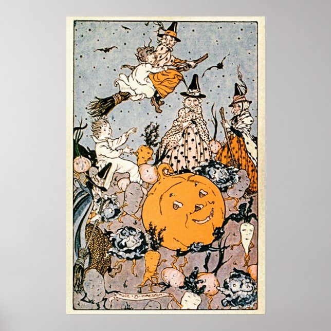 Vintage Halloween Kürbis und Hexen mit Besen Poster (Vorne)