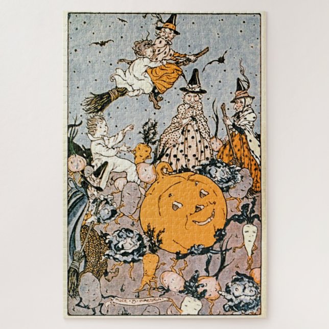 Vintage Halloween Kürbis und Hexen mit Besen Puzzle (Vertikal)