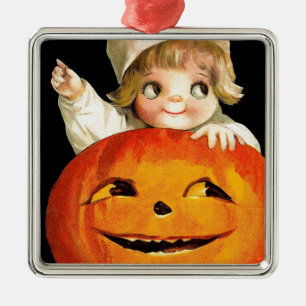 Vintage-Halloween-Kürbis und süßes Mädchen-Geschen Silbernes Ornament
