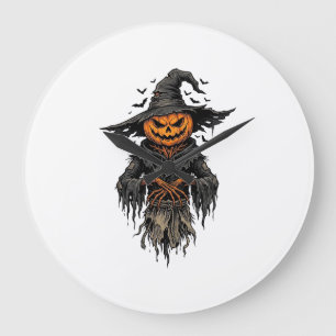 Vintage-Halloween-Kürbis-Vogelscheuche-Hexe-Shirt  Große Wanduhr