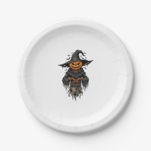 Vintage-Halloween-Kürbis-Vogelscheuche-Hexe-Shirt Pappteller