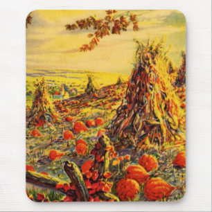 Vintage-Halloween-Kürbisfeld mit Heuhaufen Mousepad