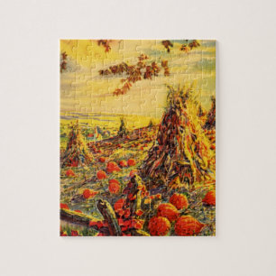 Vintage-Halloween-Kürbisfeld mit Heuhaufen Puzzle