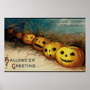 Vintage Halloween-Kürbislaternen auf einem Feld Poster
