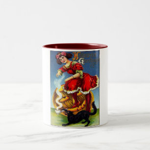 Vintage-Halloween-Lady in Rot Zweifarbige Tasse
