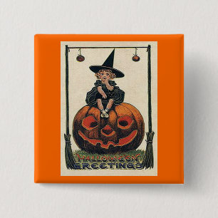 Vintage-Halloween-Mädchen auf Jack o'Lantern Button