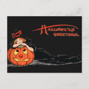 Vintage-Halloween-Mädchen-Hexe und Kürbis Postkarte