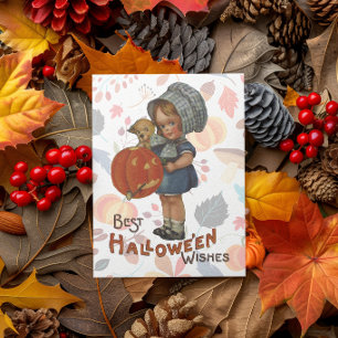Vintage-Halloween-Mädchen mit Kürbis Karte