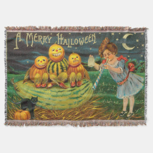 Vintage-Halloween-Mädchen mit Kürbissen Decke