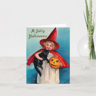 Vintage-Halloween-Mädchen-mit-schwarzer-Katze-Kart Karte