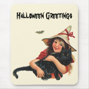 Vintage Halloween, Mädchenhexe mit schwarzer Katze Mousepad