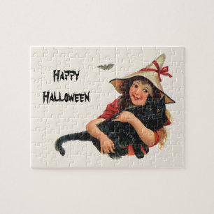 Vintage Halloween, Mädchenhexe mit schwarzer Katze Puzzle