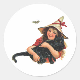 Vintage Halloween, Mädchenhexe mit schwarzer Katze Runder Aufkleber
