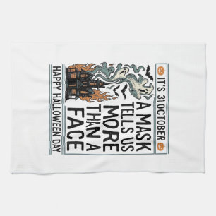Vintage Halloween-Masken-Zitat-Vektordesign_1 Geschirrtuch
