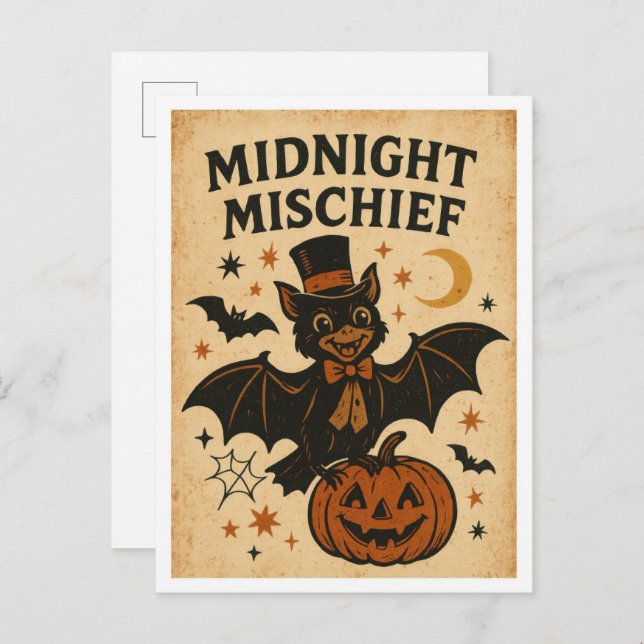 Vintage Halloween Midnight Mischief Postkarte (Vorne/Hinten)