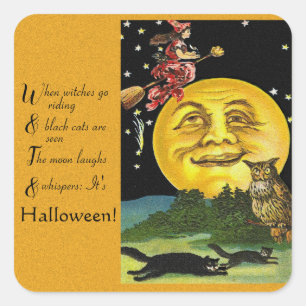 Vintage-Halloween-Mond, Hexe und Eule mit Gedicht Quadratischer Aufkleber