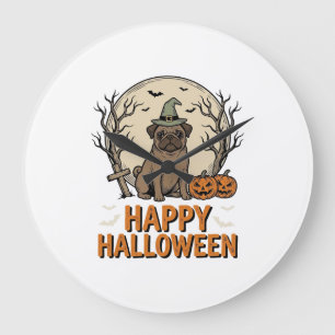 Vintage-Halloween-Mops-Hund-Hexenhut-Shirt-Design_ Große Wanduhr