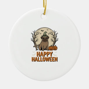Vintage-Halloween-Mops-Hund-Hexenhut-Shirt-Design_ Keramik Ornament