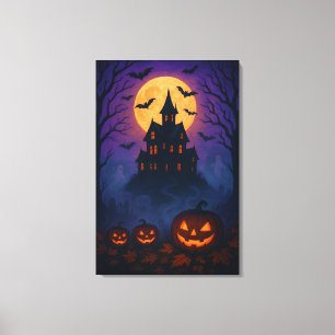 Vintage Halloween-Nacht mit Vollmond und Fledermäu Leinwanddruck