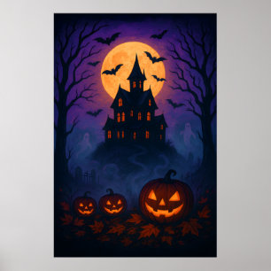 Vintage Halloween-Nacht mit Vollmond und Fledermäu Poster