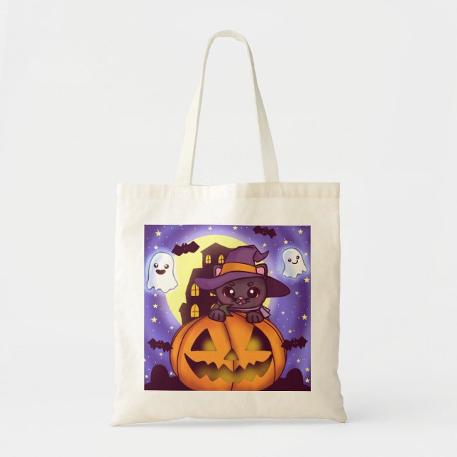 Vintage Halloween October Pumpkin Cat Tragetasche (Vorne)