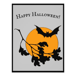 Vintage-Halloween orangefarbener Mond fliegende Fl Fotodruck