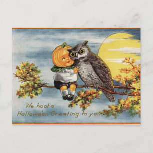 Vintage Halloween Owl Moon Pumpkin Postcard Postkarte