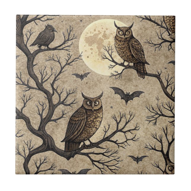 Vintage Halloween Owls & Moon Fliese (Vorderseite)