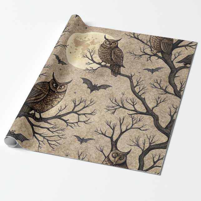 Vintage Halloween Owls & Moon Geschenkpapier (Ungerollt)