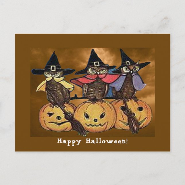 Vintage Halloween Owls und Jack o' Lanterns Postkarte (Vorderseite)