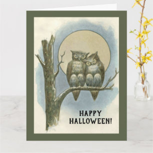 Vintage-Halloween-Paar Eulen sitzend Nachtmond Karte