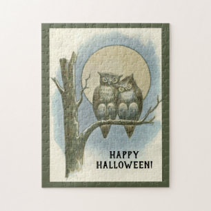 Vintage-Halloween-Paar Eulen sitzend Nachtmond Puzzle