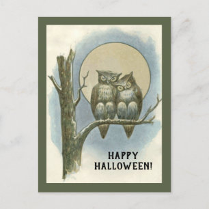 Vintage-Halloween-Paar Eulen sitzt Nachtmond Feiertagspostkarte