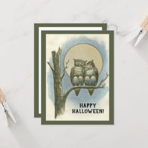 Vintage-Halloween-Paar Eulen sitzt Nachtmond Karte