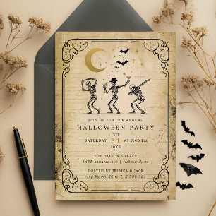 Vintage Halloween-Party-Einladung tanzende Skelett Einladung