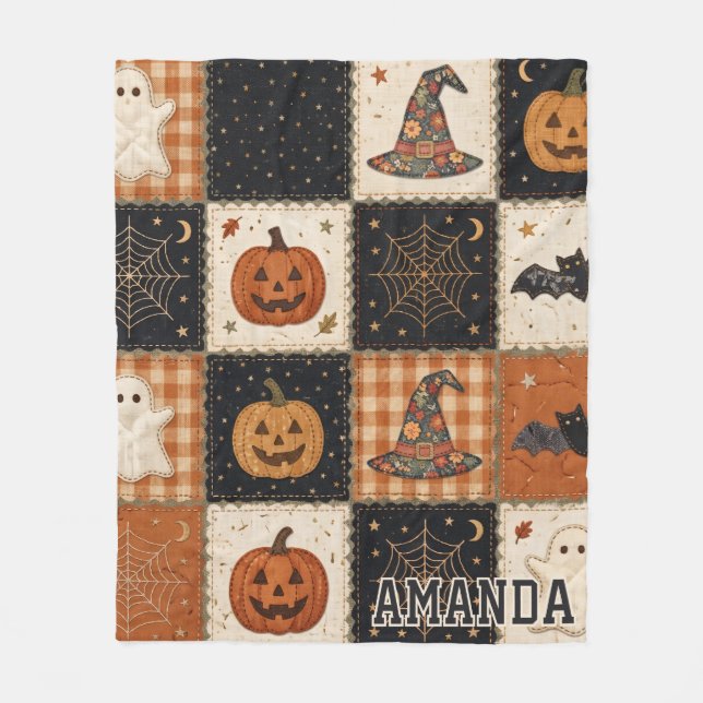 Vintage-Halloween-Patchwork-Quilt-Fleece-Decke Fleecedecke (Vorderseite)