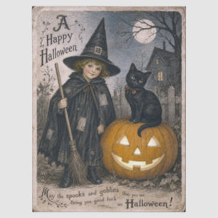 Vintage Halloween-Postkarte im Stil einer Hexe mit Seidenpapier