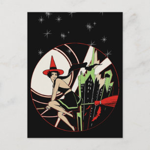 Vintage-Halloween-Postkarte mit fliegender Hexe Postkarte