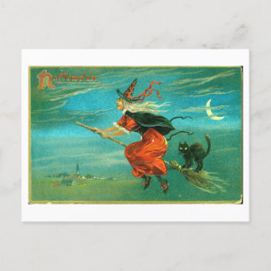 Vintage Halloween-Postkarte mit Hexe und schwarzer Postkarte